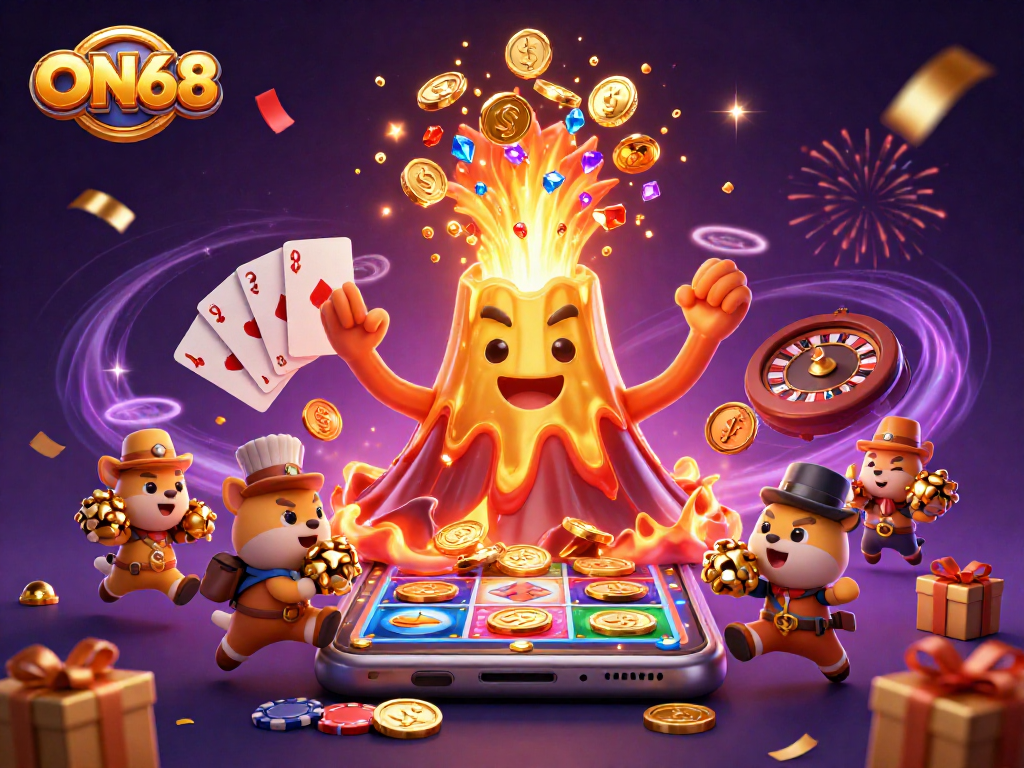 ON68 takes on players with a vibrant display of a triumphant volcano and explosive treasures.
