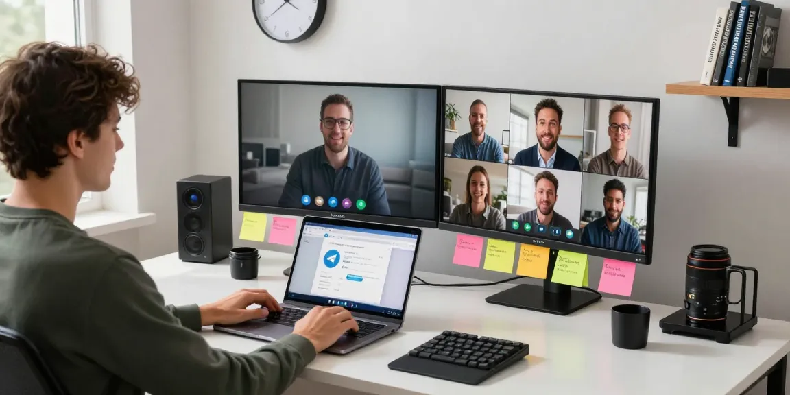 Download Telegram interface on a modern workspace setup with user interacting with tech gadgets and natural lighting.