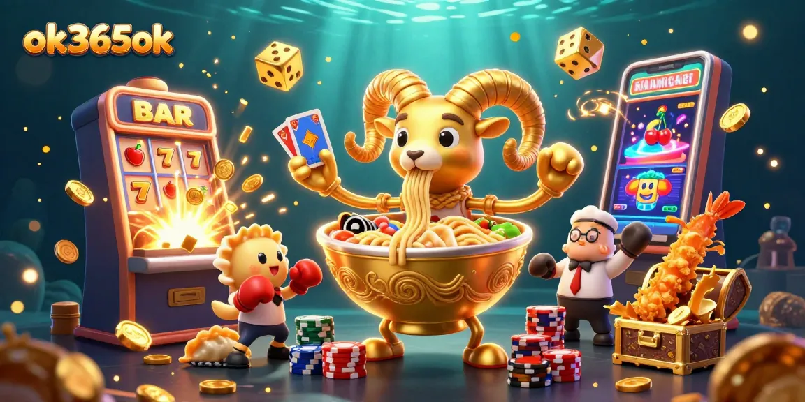 Engaging ok365ok casino scene with cartoon ramen bowl dealer and dynamic slot machine action.