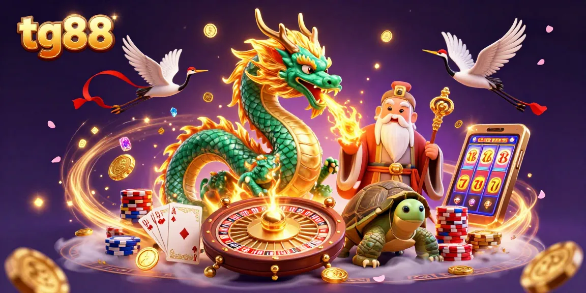 Experience winning moments at tg88 with a vibrant 3D scene of a jade dragon and turtle sage amidst casino excitement.