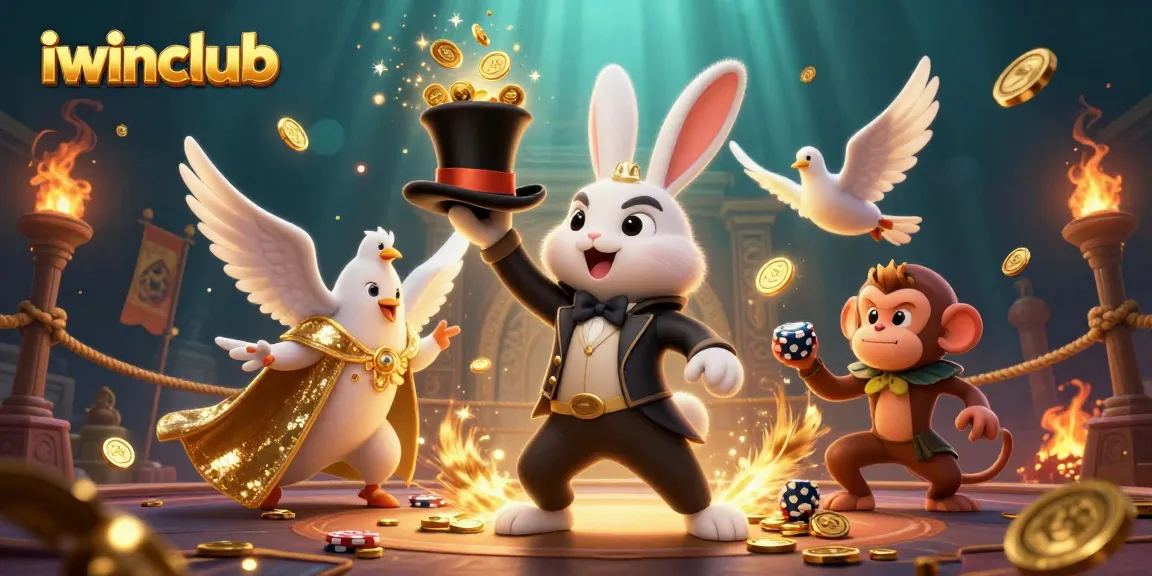 Engage with iwinclub's magical 3D casino scene featuring a magician rabbit, dove, and monkey among dynamic gambling elements.