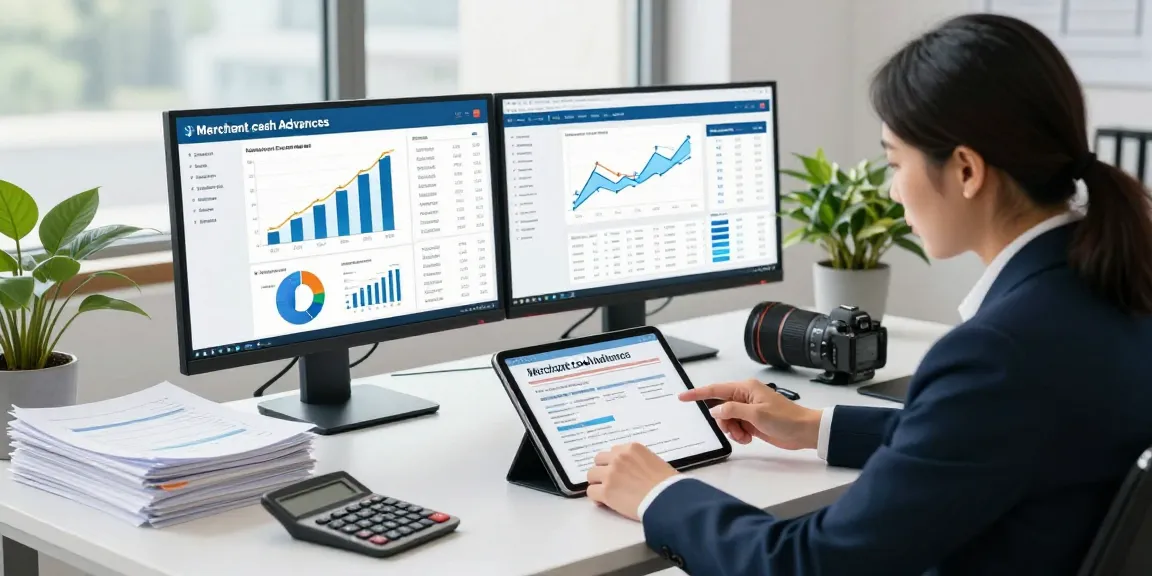 Analyzing merchant cash advance applications in a modern office.