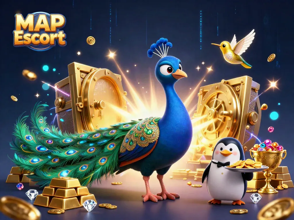 Engage with MAP Escort's vibrant casino atmosphere featuring a peacock, penguin, and hummingbird surrounded by treasures.