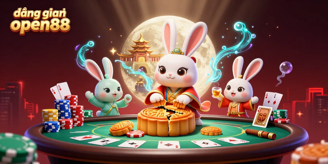 Engage in the excitement of đăng nhập open88 with cartoon moon rabbits and poker chips in a vibrant casino scene.