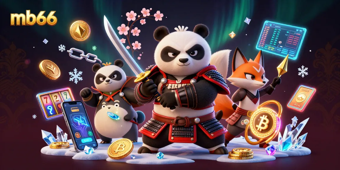 Experience thrilling gameplay at mb66 with a cartoon panda warrior, ninja fox, and magical elements.