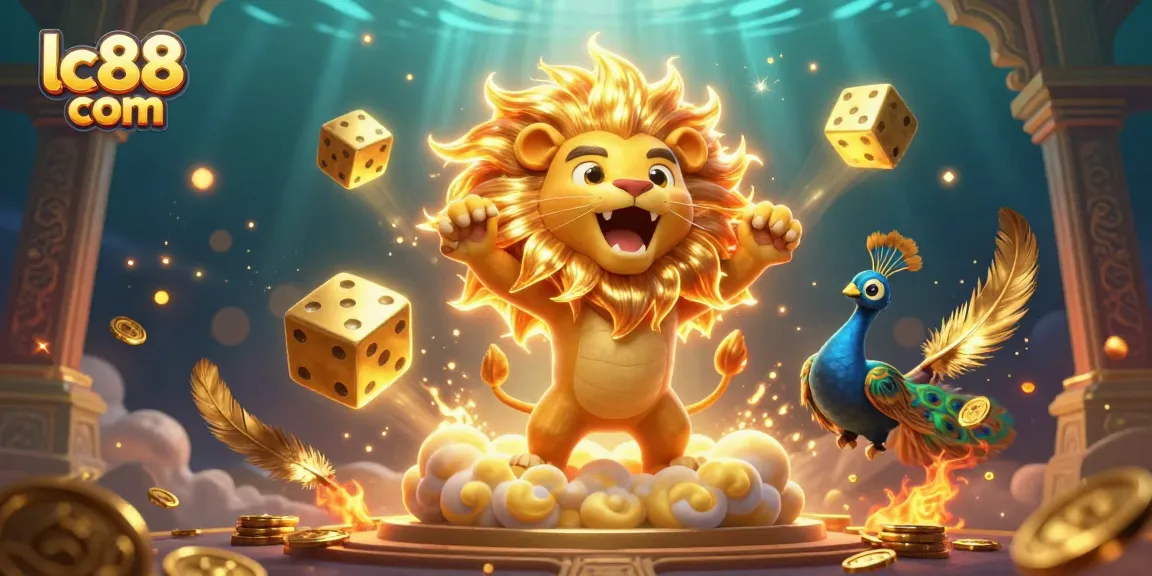 Engage with exhilarating games at lc88 com, featuring a vibrant 3D casino scene with animated characters and golden dice.