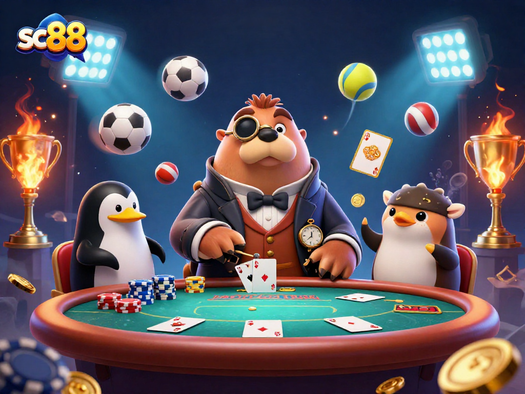 Experience thrilling poker games with sc88 at an underwater table featuring a walrus, penguin, and pufferfish.