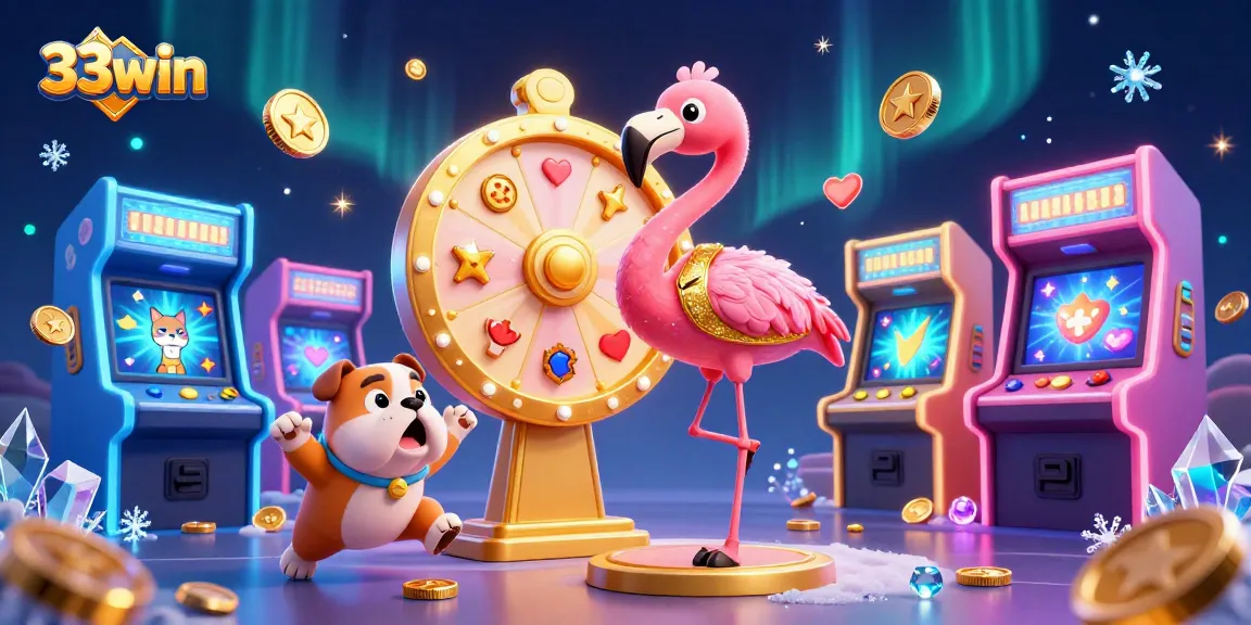 Spin to win with 33win's vibrant 3D casino scene filled with game elements and excitement.