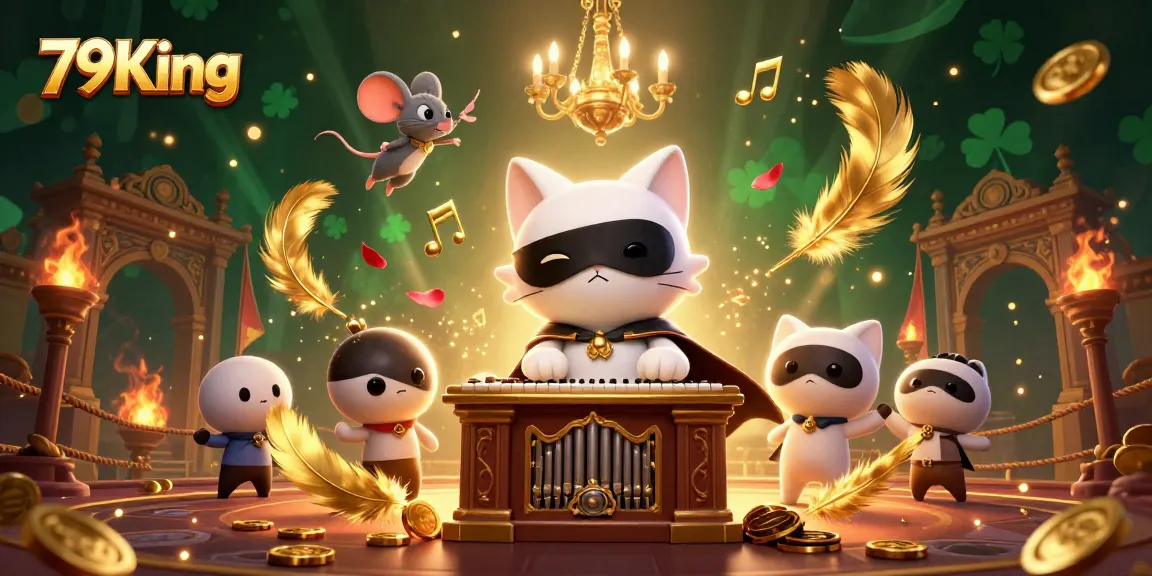 Engage in thrilling gameplay with 79King, featuring a dynamic casino scene of a masked cat and mouse acrobat.