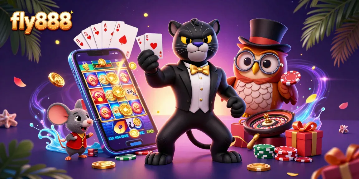 Experience the excitement of fly888 with a stylish black panther dealer, poker chips, and vibrant casino elements.