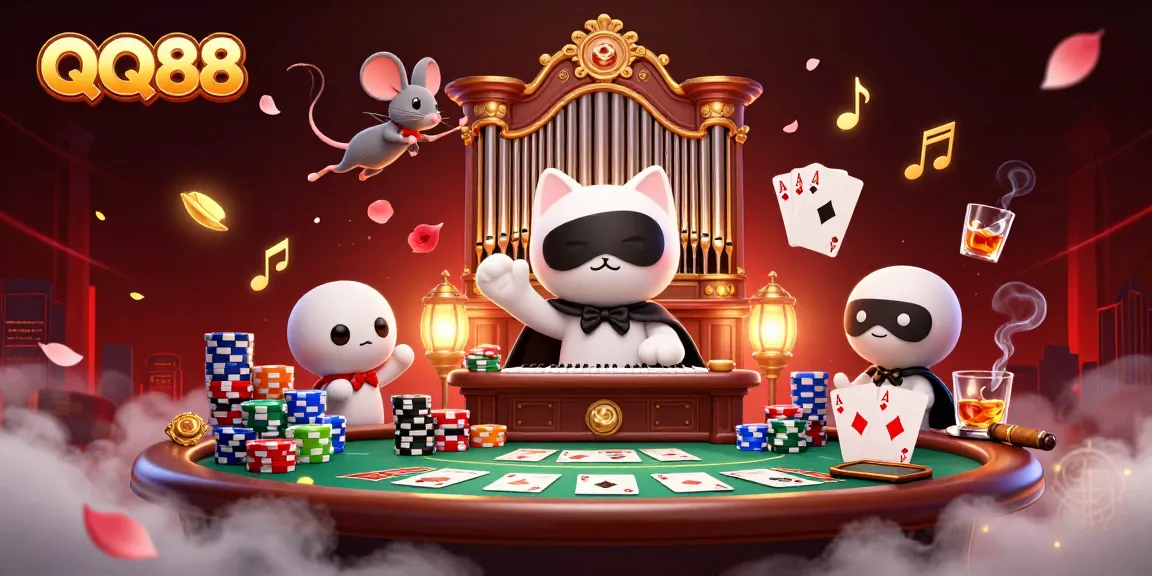 Experience the excitement of QQ88 with a vibrant 3D casino illustration showcasing a lively scene of gaming characters.