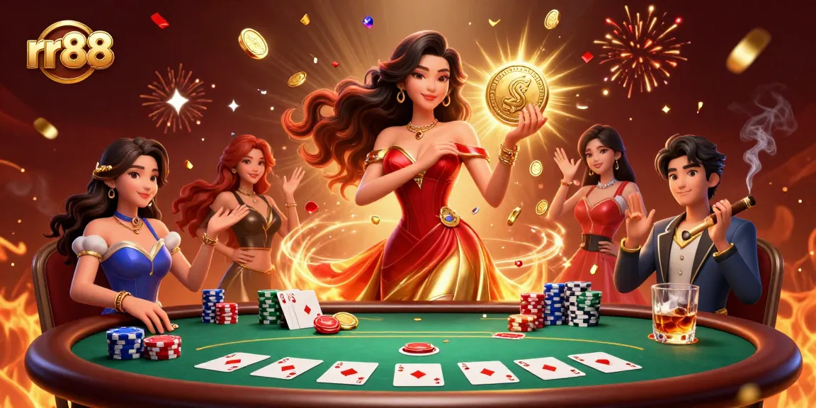 Experience the excitement of rr88 with a stunning Asian woman celebrating a casino win, surrounded by poker elements and gold coins.