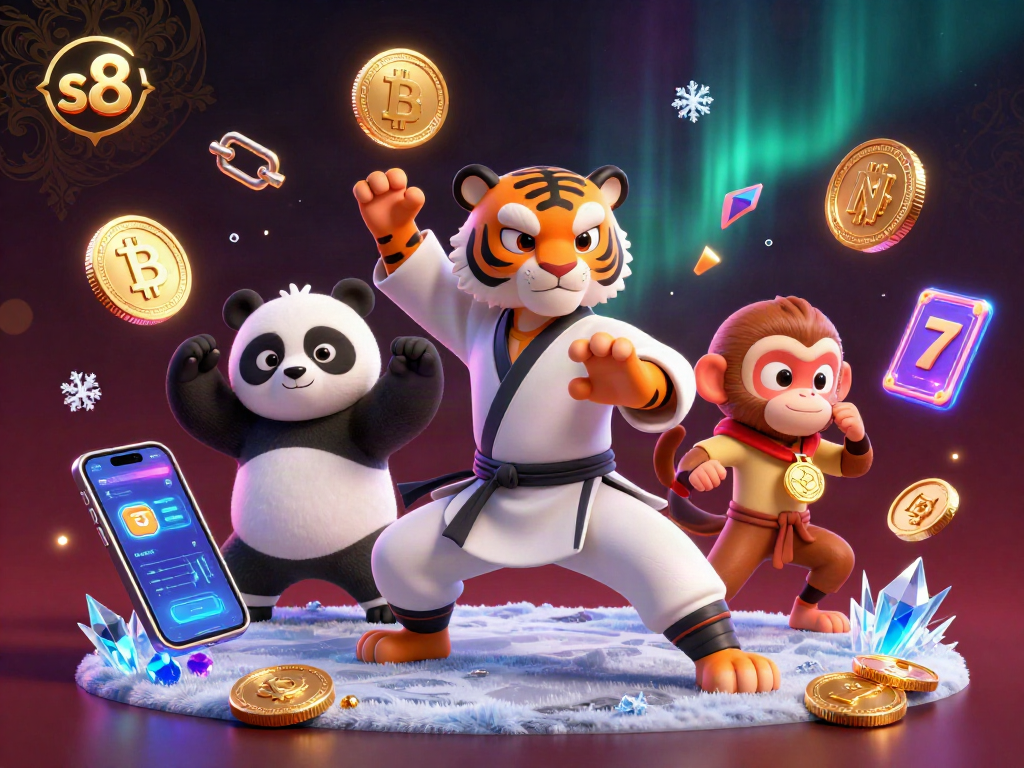 S8 gaming experience with a kung fu tiger master and panda, surrounded by vibrant slot game elements