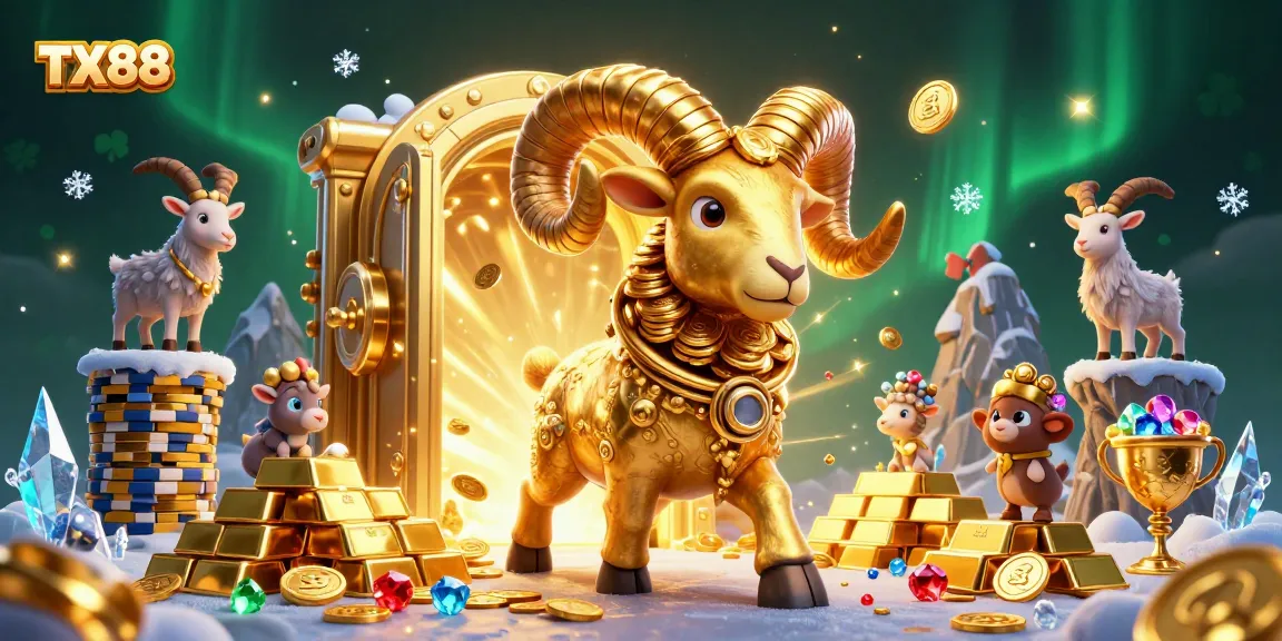 Experience excitement at TX88 with a dynamic scene showcasing a golden ram amidst treasures in a vibrant casino