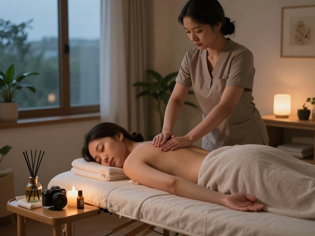 출장마사지 session showcasing a tranquil home massage environment, emphasizing relaxation and comfort.