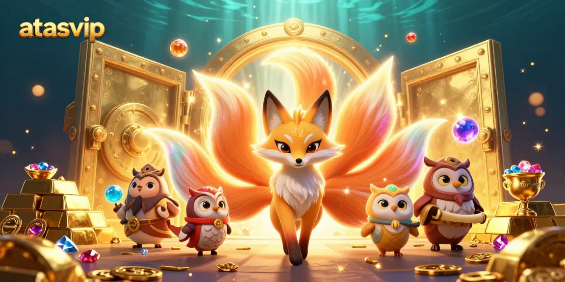 Experience the vibrant world of atasvip where a nine-tailed fox spirit and an owl sage guard treasures in a dazzling casino scene.