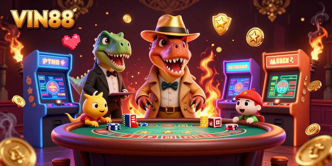 Experience the thrilling action at VIN88 casino with a cartoon velociraptor and dynamic game elements.