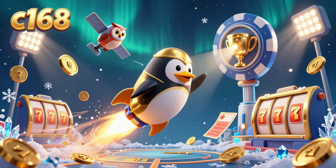 Engage in thrilling gaming experiences with c168 featuring a golden penguin racing through a cosmic casino.