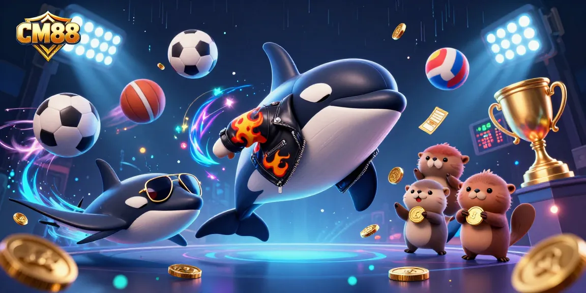 CM88 showcases a vibrant and engaging scene of animated characters enjoying rich casino gaming experiences with golden coins and sports elements.