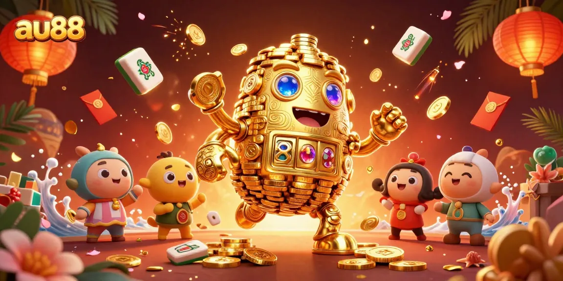 Engage with the thrilling world of au88 casino through a vibrant 3D illustration featuring a golden golem and dynamic game elements.