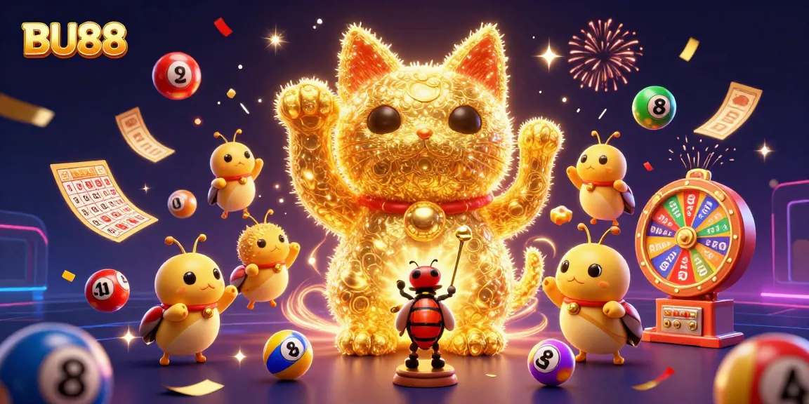 Engage with BU88's vibrant lottery universe featuring a lucky cat made of fireflies.