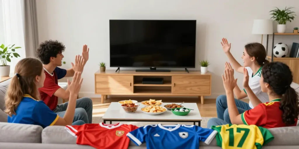 Excited friends watching GavangTV live football match in high-definition.