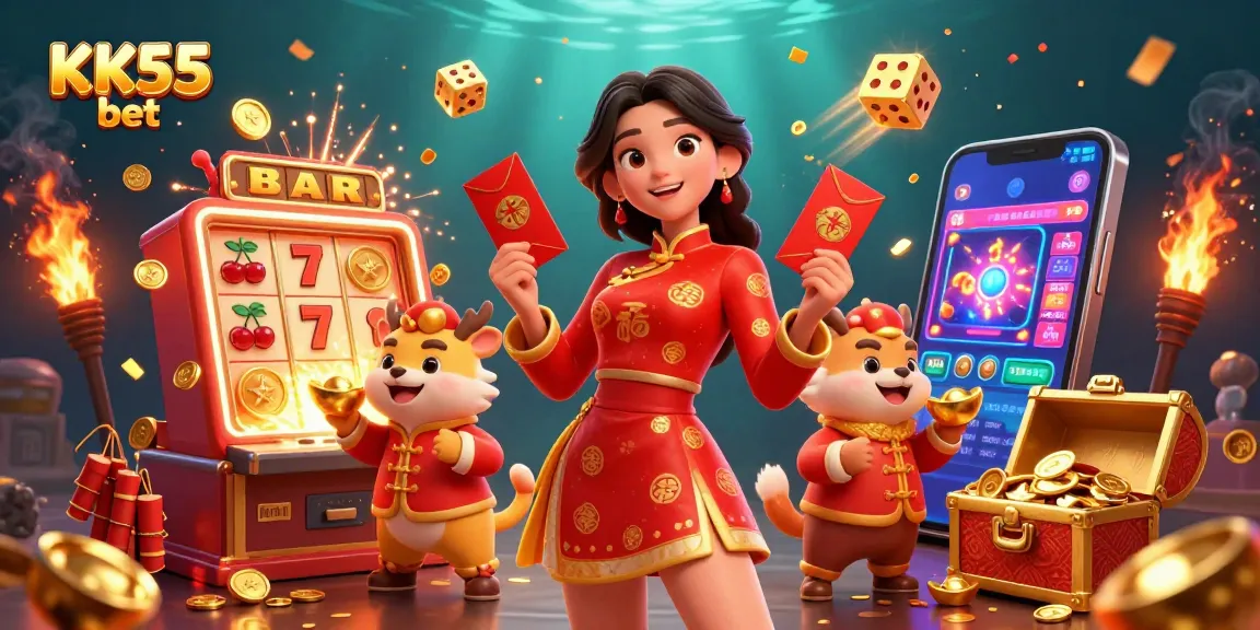 Experience the excitement of KK55 bet with vibrant casino visuals and festive elements.
