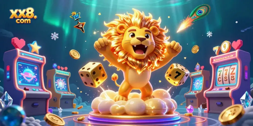 Experience the thrill of winning on xx8. com, featuring vibrant gaming machines and a majestic sun lion.