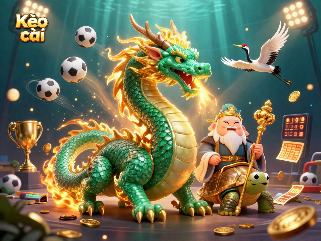 Kèo nhà cái showcases a dynamic scene with a jade dragon and lucky cranes amidst sports betting elements.