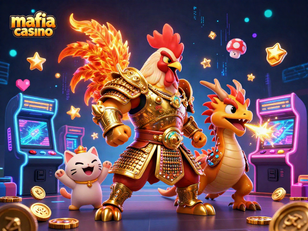 Mafia casino features an epic scene with a samurai rooster warrior and dragon hatchling amidst vibrant gaming elements, showcasing excitement.