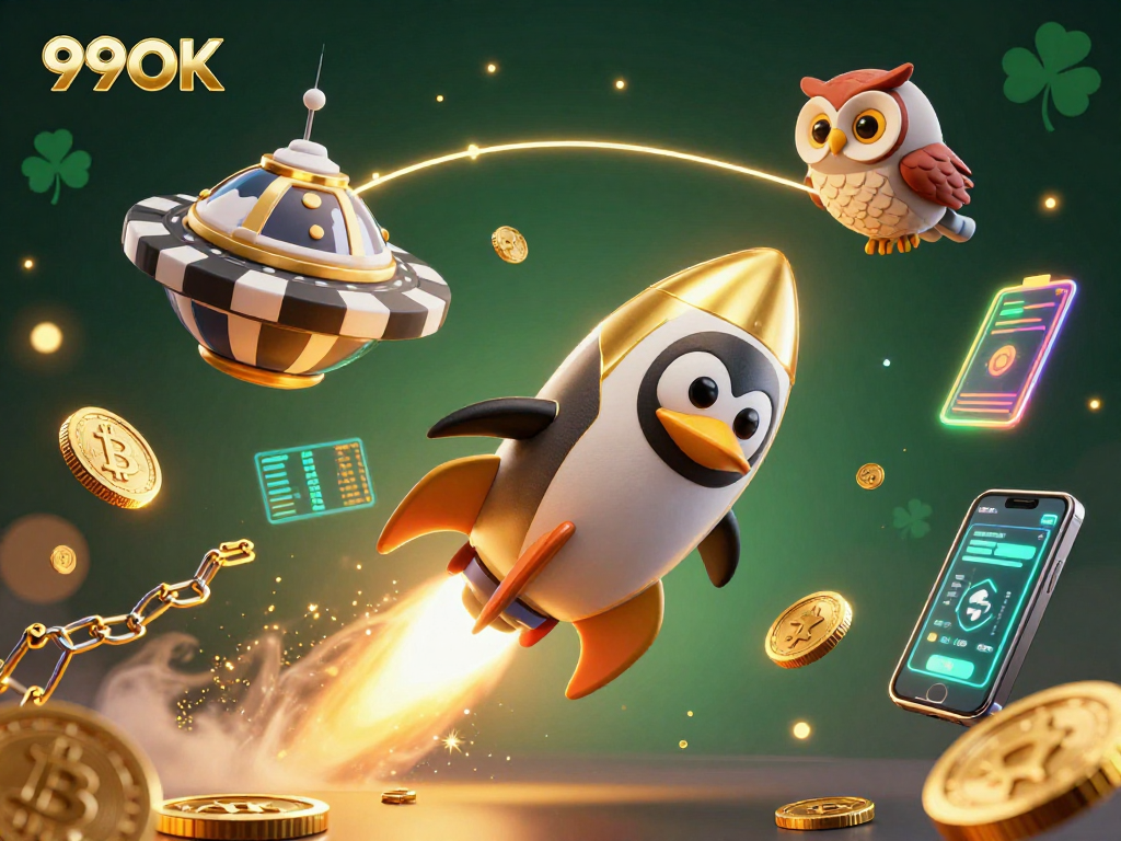 Witness the rocket-powered golden penguin navigate to the 99OK casino space station amidst vibrant crypto elements.