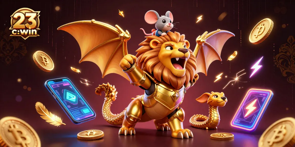 Experience winning strategies at 23win com with a dynamic casino illustration featuring a chimera and crypto elements.