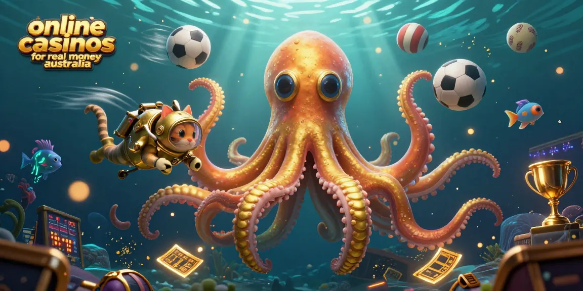 Join the excitement of online casinos for real money in Australia with a vibrant kraken and diving cat scene.