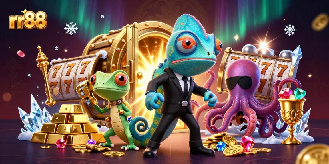 rr88 casino scene with a colorful chameleon and tech-gecko surrounded by slot reels and gold treasures