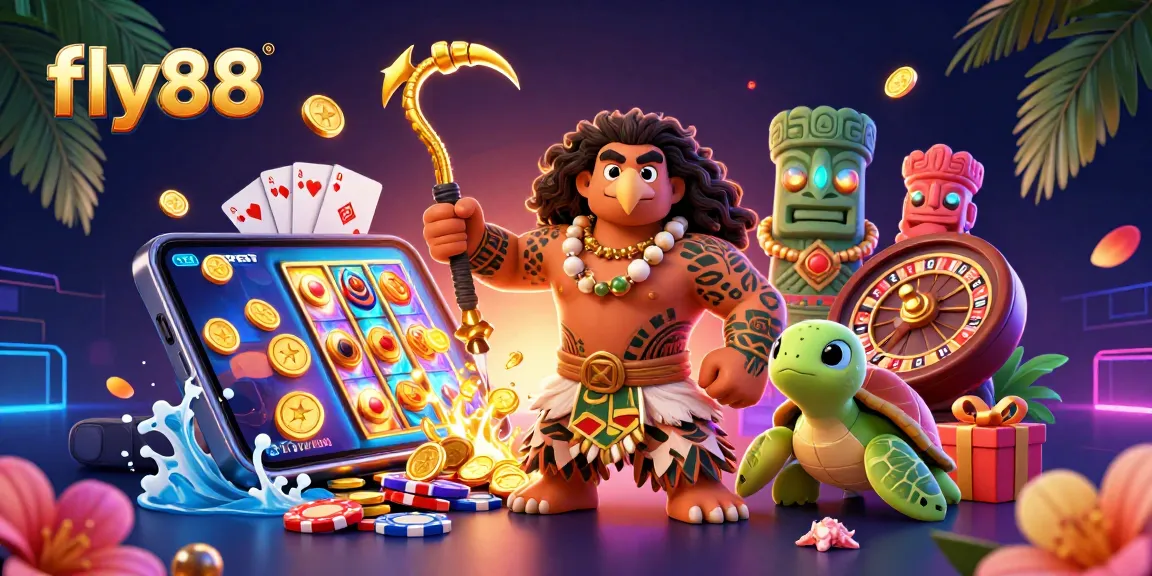 Fly88 showcases a vibrant casino-style scene with a demigod and turtle, featuring interactive slot elements.