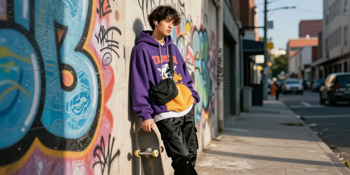 Appassionato di streetwear Trapstar in un contesto urbano che mostra un outfit alla moda con un vivace sfondo cittadino.