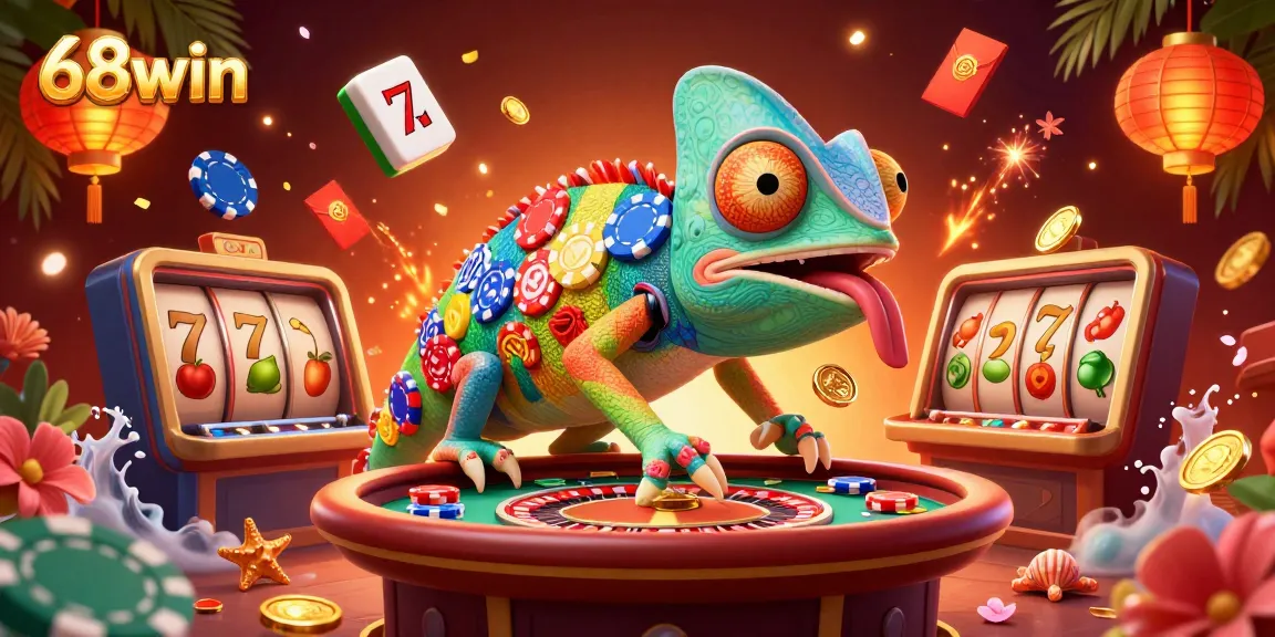 Engage with the vibrant 68win casino scene featuring a chameleon owner amidst dynamic slot action.