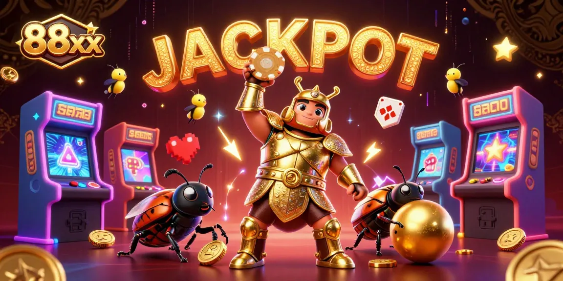 Experience the excitement of 88xx gaming as cartoon beetles celebrate a jackpot surrounded by vibrant casino elements.