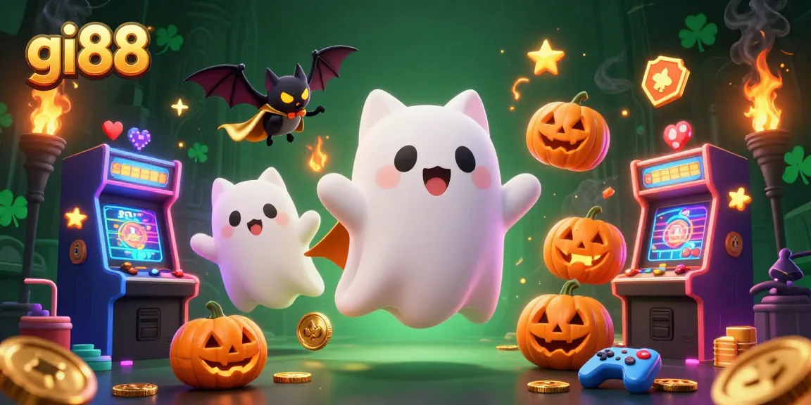 Experience thrilling action at gi88 casino with interactive ghost cat and vampire bat in vibrant digital art.