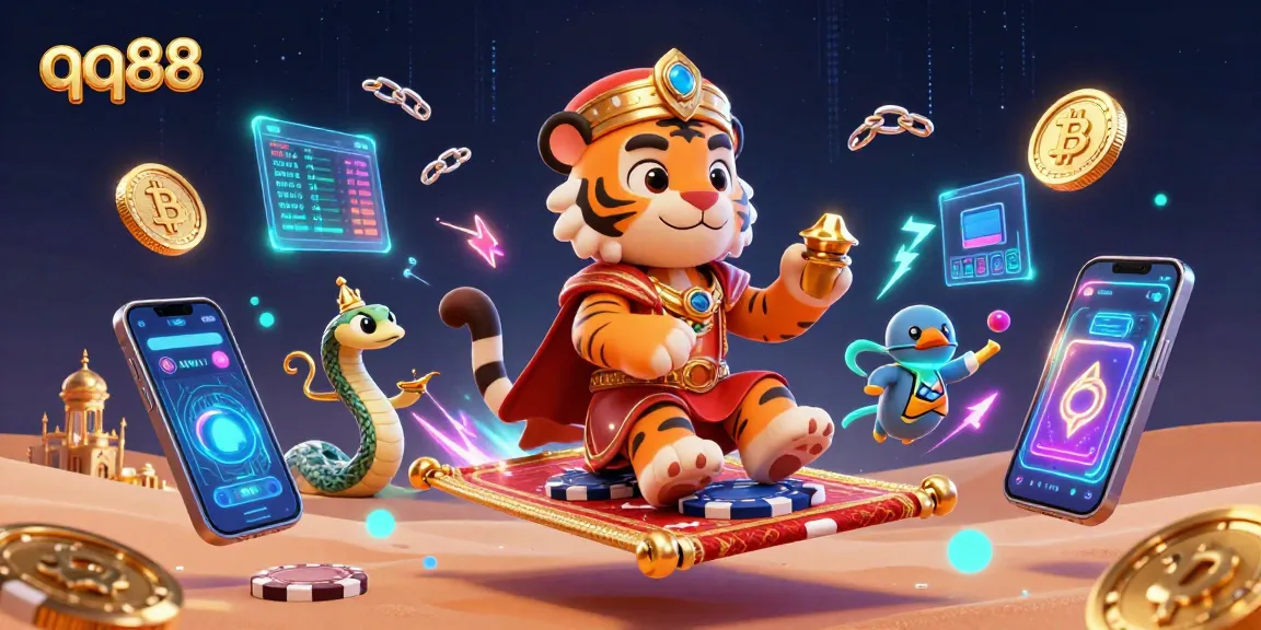 Experience the magic of qq88 with an enchanting casino scene featuring vibrant characters and crypto elements.