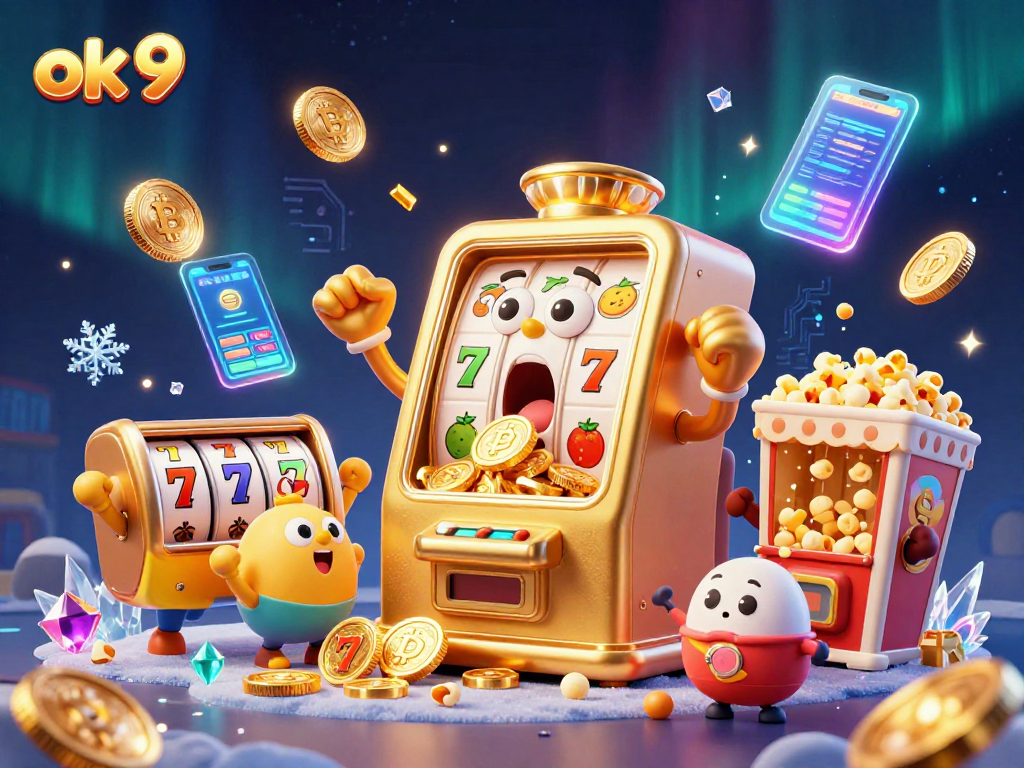 Experience the excitement of ok 9 with golden slot machines hitting jackpots, surrounded by vibrant casino elements.