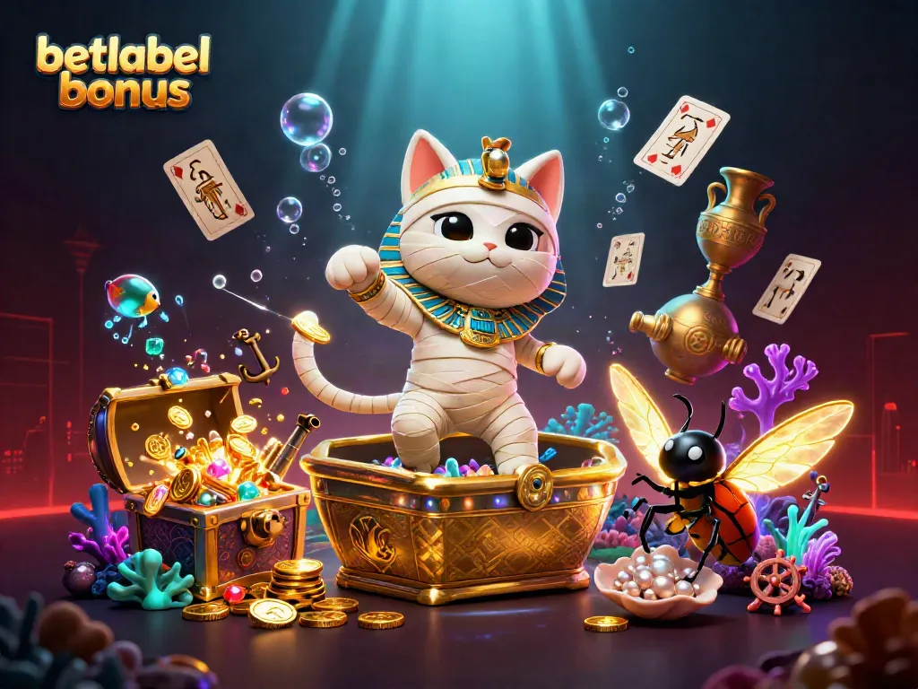 Catch the excitement of the betlabel bonus with a dynamic 3D casino illustration featuring a mummy cat and glowing treasures.