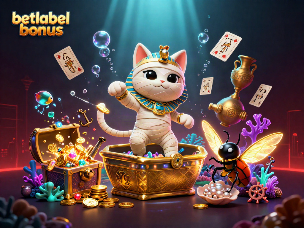 Catch the excitement of the betlabel bonus with a dynamic 3D casino illustration featuring a mummy cat and glowing treasures.