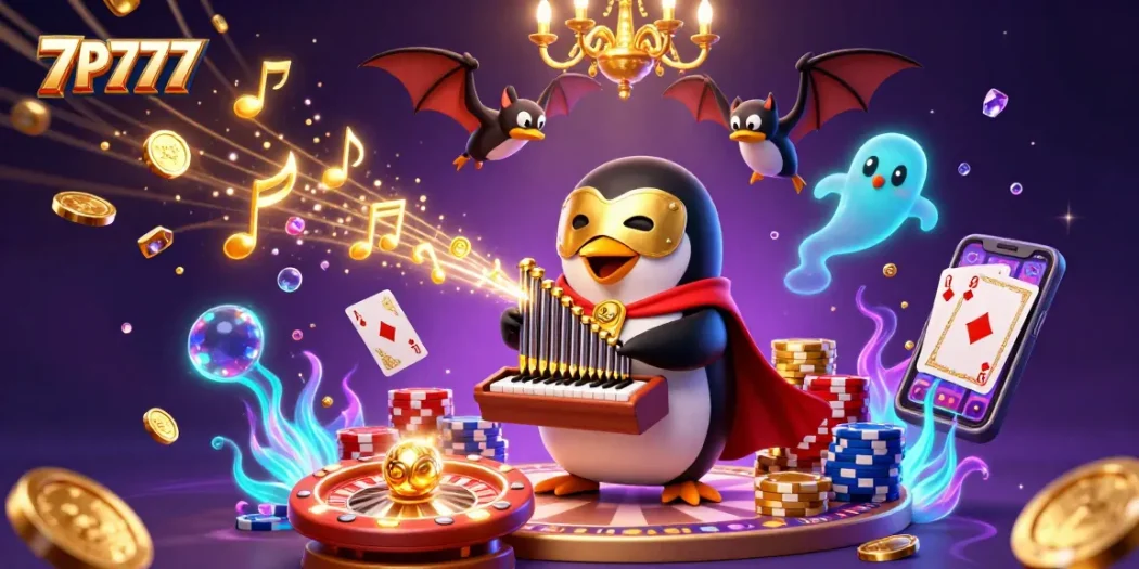 Experience the thrill of 7P777 with a lively casino scene featuring animated characters, golden coins, and vibrant gaming elements.