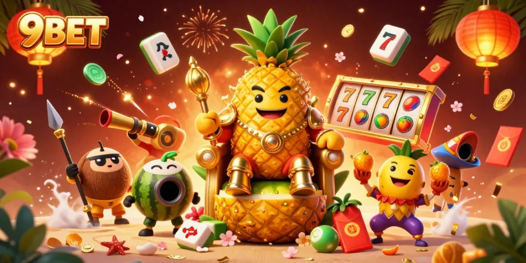 Engage with 9BET in a vibrant casino scene featuring a tropical pineapple king and dynamic gaming elements.