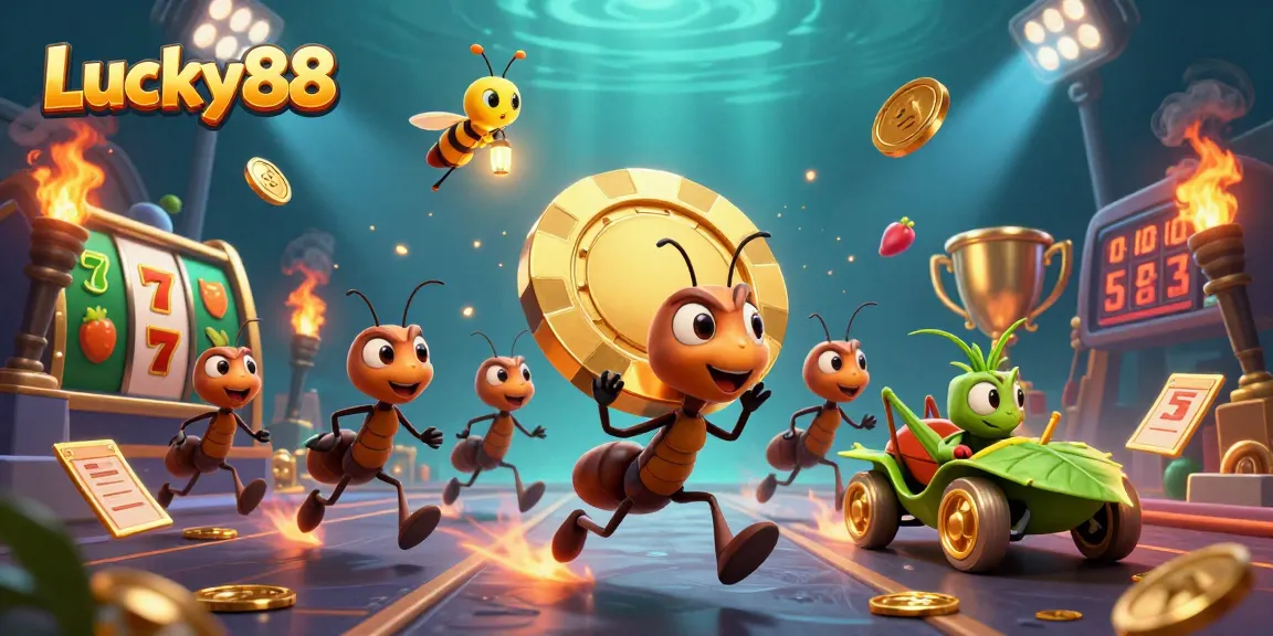 Engage with the Lucky88 experience in this vibrant gambling scene featuring themed slot game elements.