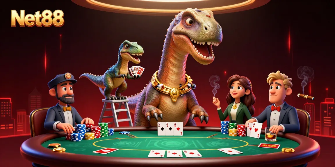 Experience thrilling gameplay with Net88 as a cartoon brontosaurus oversees a poker table in a lively casino.