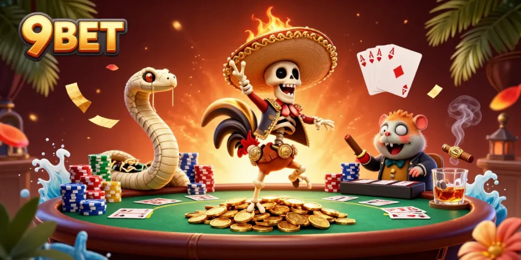 Engage in thrilling 9BET gaming with a vibrant 3D casino scene featuring dynamic characters and rich visuals.
