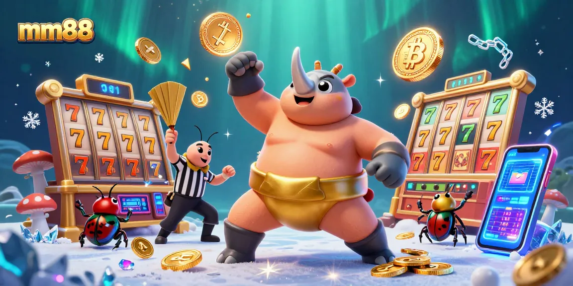 Experience thrilling wins with mm88 at the vibrant online casino featuring a cartoon rhinoceros beetle sumo champion.