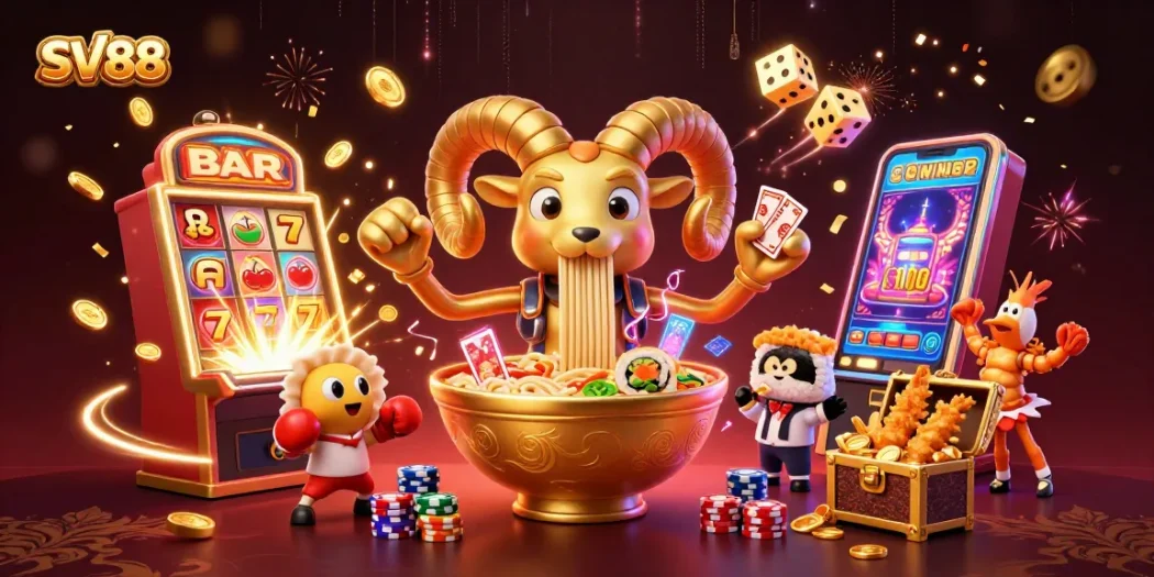 Experience the vibrant excitement at SV88 with animated characters playing cards and stacking chips.